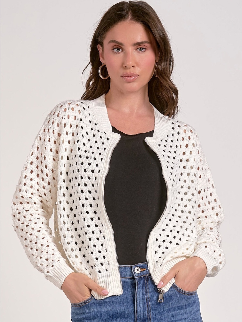 Elan Aster cable knit Sweater Cardigan Zip Up relaxed fit White size large NWT - Picture 6 of 12